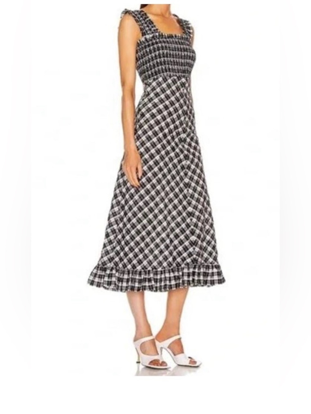 Ganni Black and White Plaid Smocked Midi Dress size 2